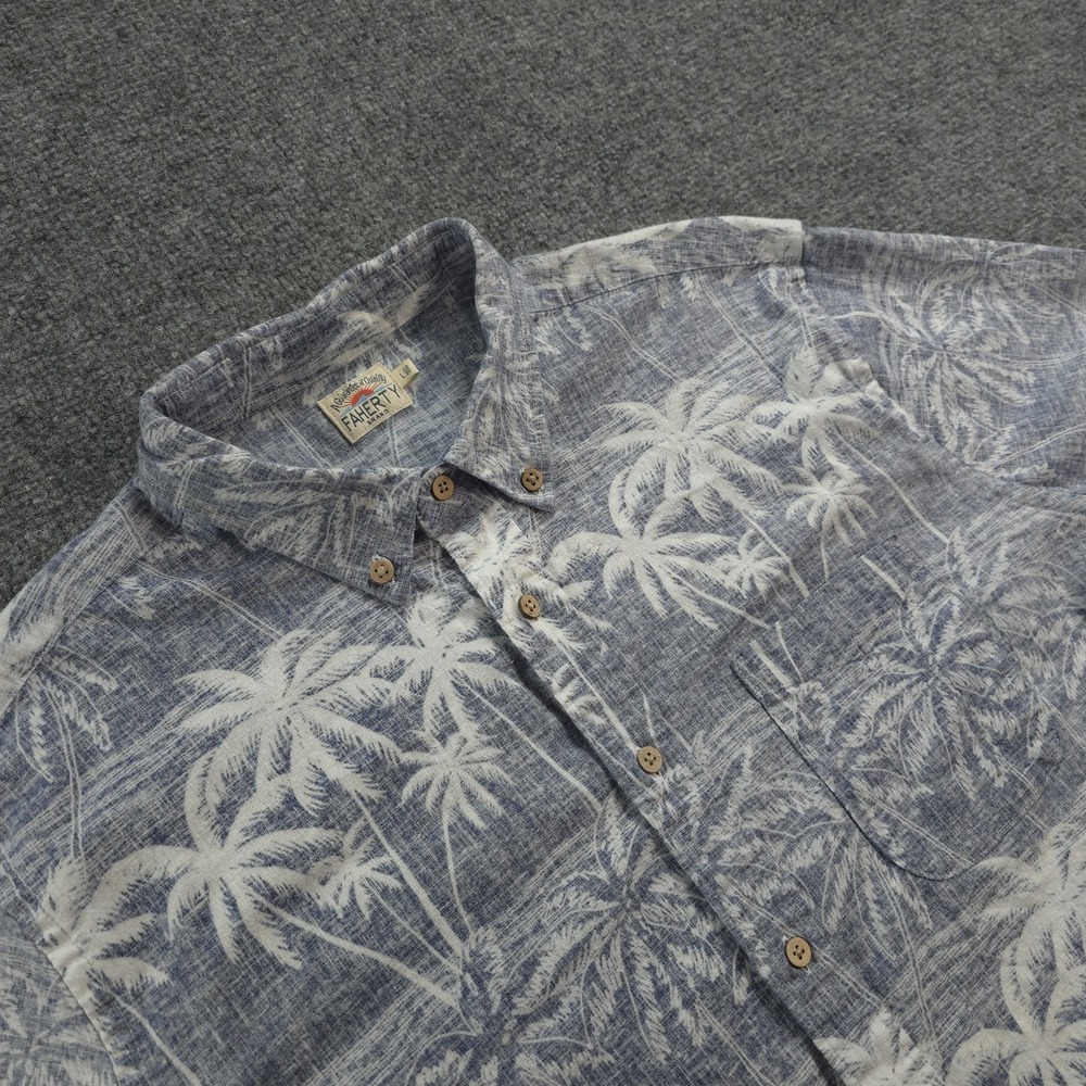 Faherty Shirt Mens L Blue Breeze Palm Tree Hemp Stretch Hawaiian Tropical Beach